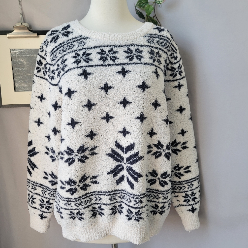 Barefoot Dreams CozyChic Seaside Crew Neck Snowflake Pullover Sweater XL